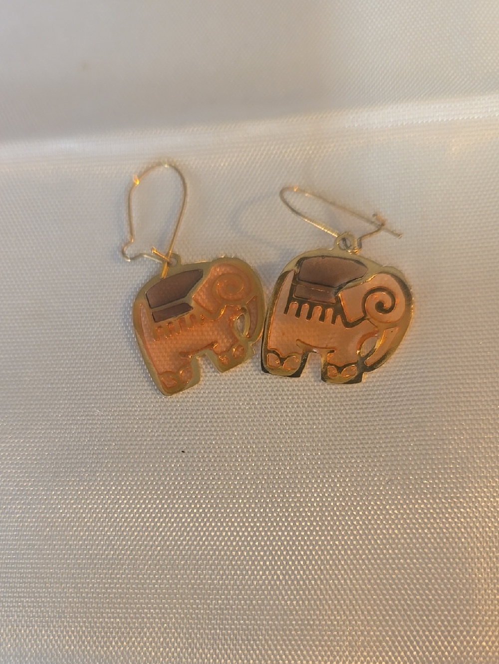 Gold Tone Elephant Drop Earrings - Orange Enamel